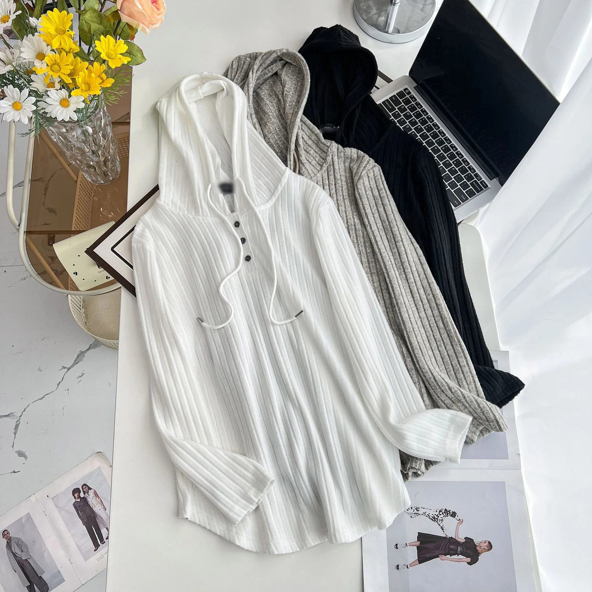 Plus Size Women's T-Shirt Spring 100kg Casual Solid Color Hooded Pit Strip bottom-top Hoodie Top 2306