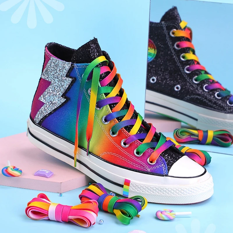 Flat Shoelaces Rainbow Colour Shoe Laces Casual Canvas Shoes Colorful Shoelace Print Gradient Suitable for All Unisex Shoe Laces Shoelaces without Ties Shoe Accessories 1 Pair