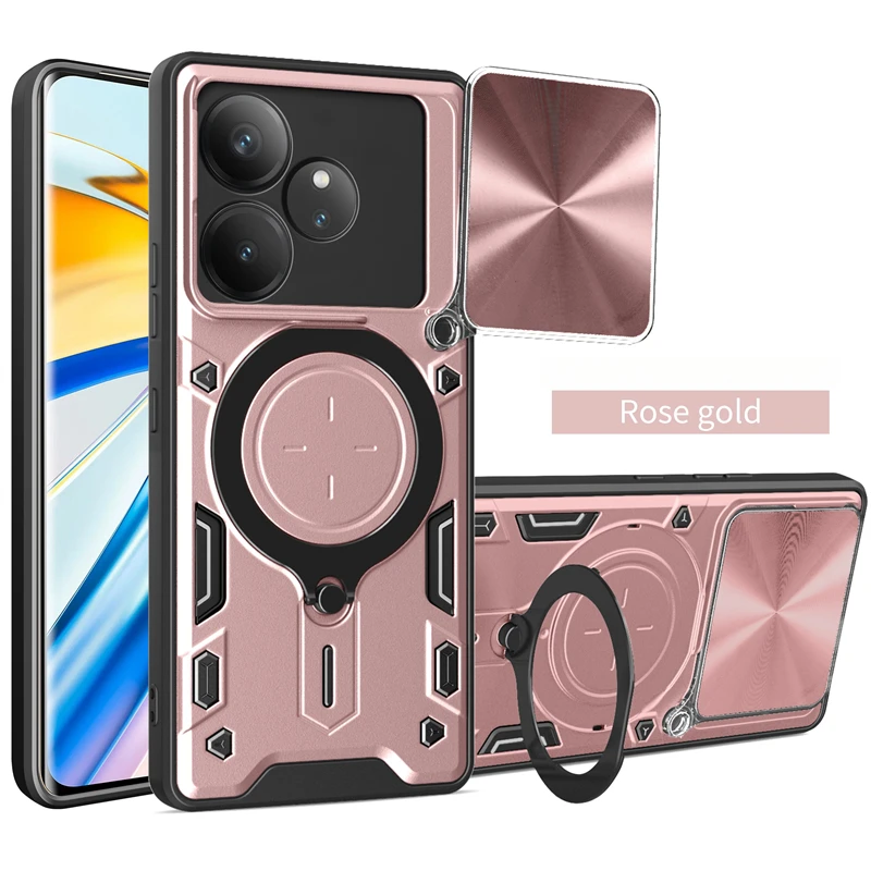 Enhanced Slide Lens Protect Phone Case with Armor Magnetic Holder and Ring Back Cover