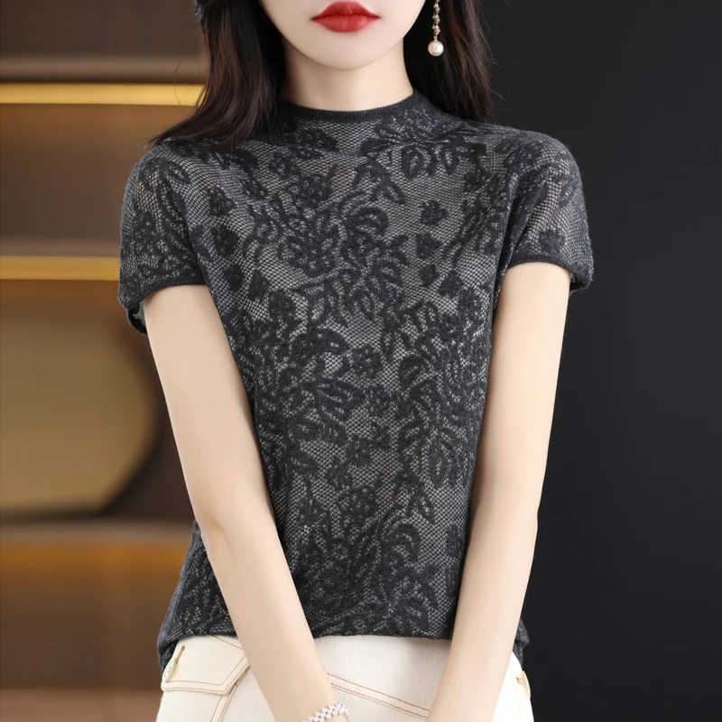 

Worsted Wool Short Sleeve Knitted Shirt Women's Half High Neck Lace Hollow Thin Temperament Top Summer T-shirt Pullover Tank Top