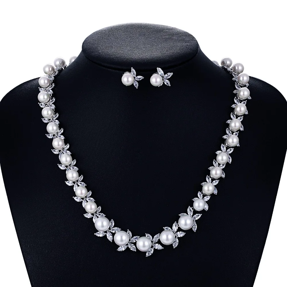 

Cubic Zirconia Wedding Pearl Necklace Earring Set for Bridal,Crystals Jewelry Sets for Women Accessories