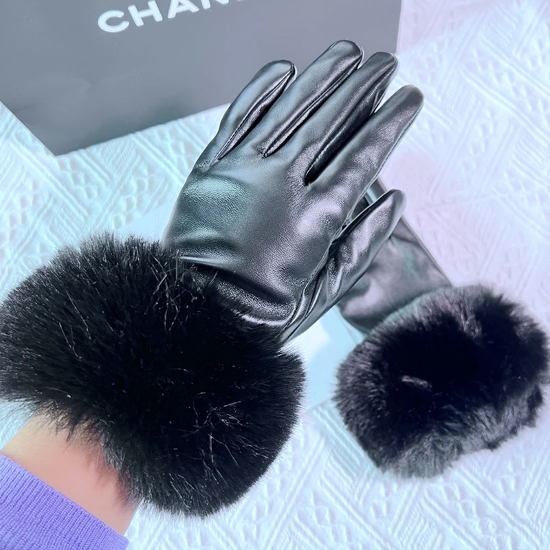 

Luxury Women Winter Gloves Faux Rabbit PU Leather Waterproof Full Finger Women's Mittens Driving Thick Warm Gloves guantes lujo