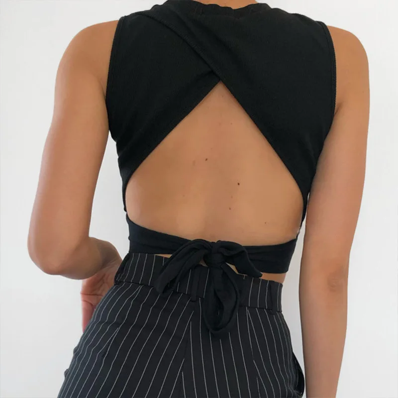 

2023 New Sexy Open Back Women's Tank Top Lace Slim Fit Short Top Summer Casual Street Top Solid Cotton Soft Interlaced Top