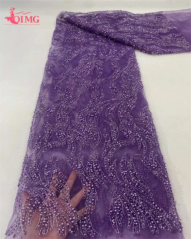 

OIMG African Lace Fabric 5 Yards 2023 High Quality Nigerian Sequins Beaded Mesh Pearl Lace Material for Party Wedding Sewing