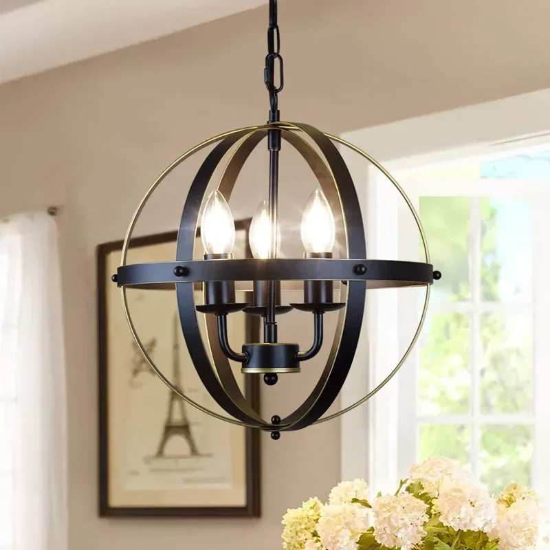 

American Country Retro Industrial Style round Ball Iron Lamp Living Room Dining Room Entrance Chandelier