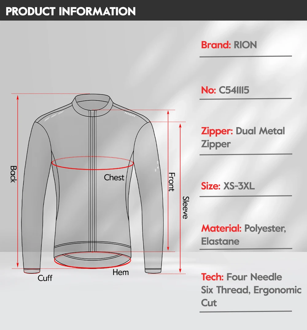 RION Herren-Radtrikot, Herbst-Fahrradbekleidung, Rennrad, MTB-Trikots, winddichte Langarm-Shirts, UPF 50+, Sonnenschutz-Oberteil – Detail 2