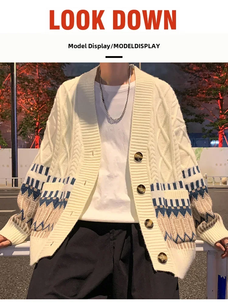 Versatile Korean Style Fall Winter New Men's Sweater Idle Thickened Knitted Top Couple Casual Color Block Cardigan Jacket