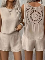Women’s Plus Size Linen Sets Hollow Out Back Round Neck Sleeveless Vest And Shorts 2-Piece Set Summer Female Daily Vacation Sets - Image 5