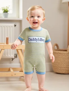 Father s Day Gift Adorable Baby Boy Romper with Letter Embroidery and Striped Design Perfect for Summer Outings and Daily Wear 5