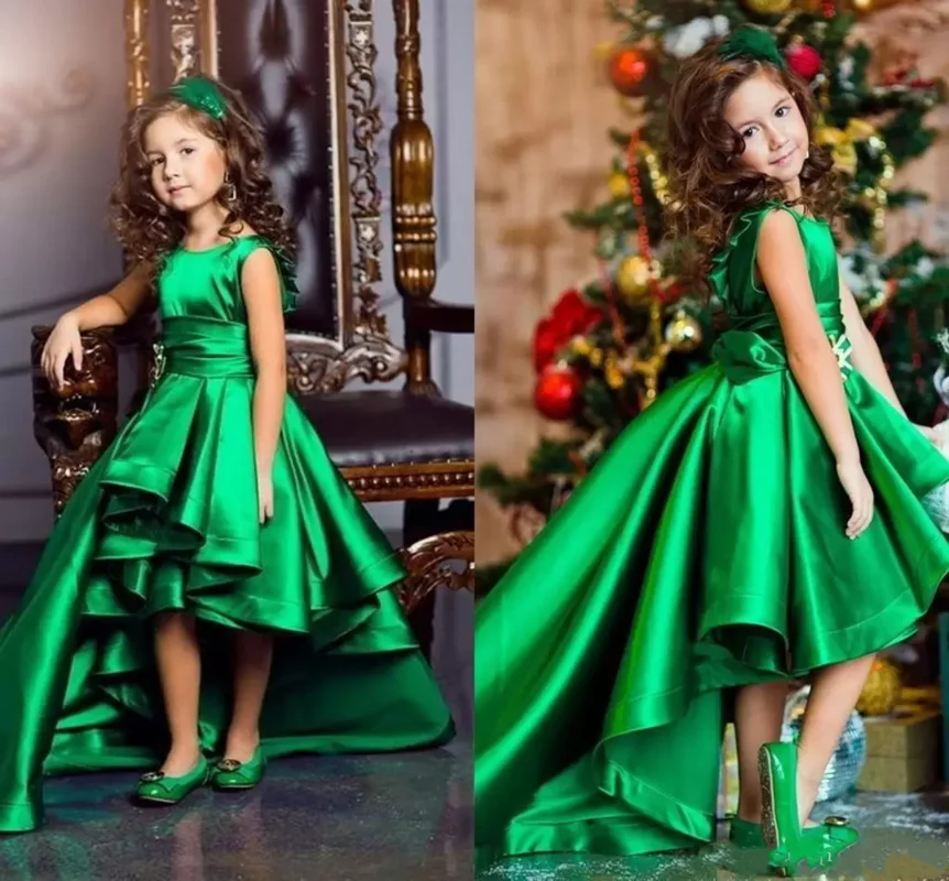 

Green Satin High Low Flower Girls Dress Pageant New Jewel Neckline Sleeveless Kids Puffy Prom Birthday Wedding Party Gown