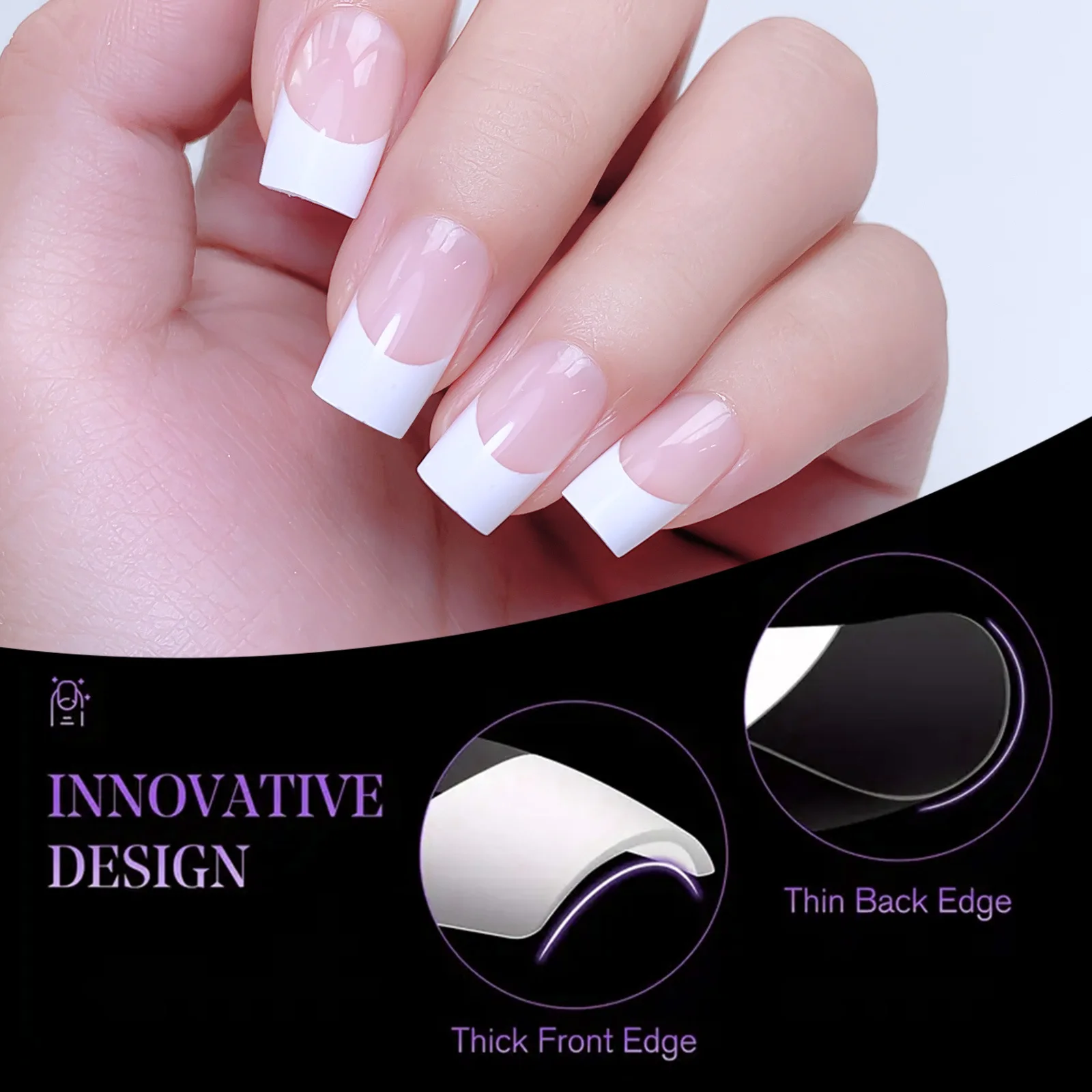 120-Piece Box of Removable Acrylic French Square False Nails - Medium Length Full Cover Nail Tips