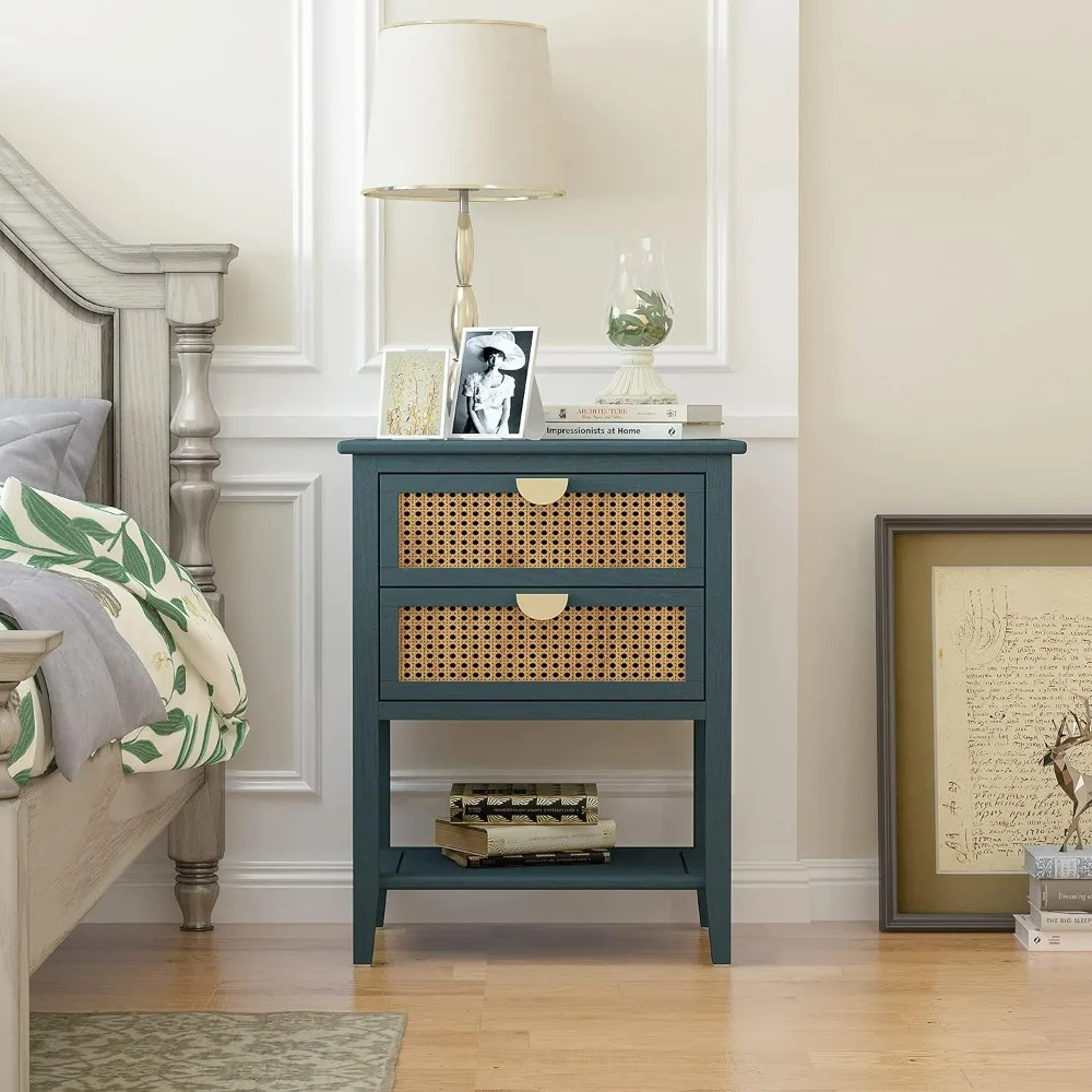 Natural Rattan Nightstand with 2 Drawer, Sideboard Buffet,Sideboard End Table Snack Table Small Coffee Table, Sofa Side Buffet 2