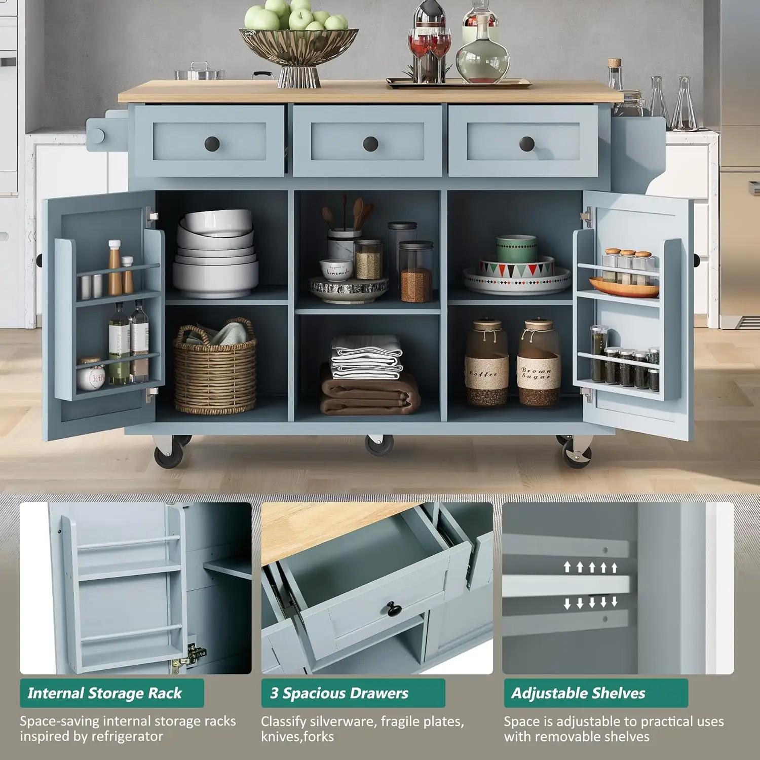 Kitchen Island on Wheels with Storage Drawers and Cabinets, Rolling Kitchen Cart with Drop Leaf, Wood Portable Island