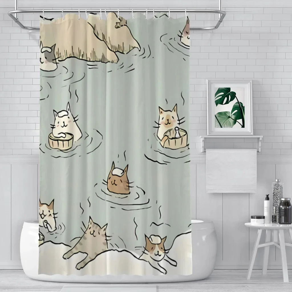 Cat Onsen Bathroom Shower Curtains Waterproof Partition Curtain Funny Cats Shower Curtain with 12 Hooks Home Decor Accessories