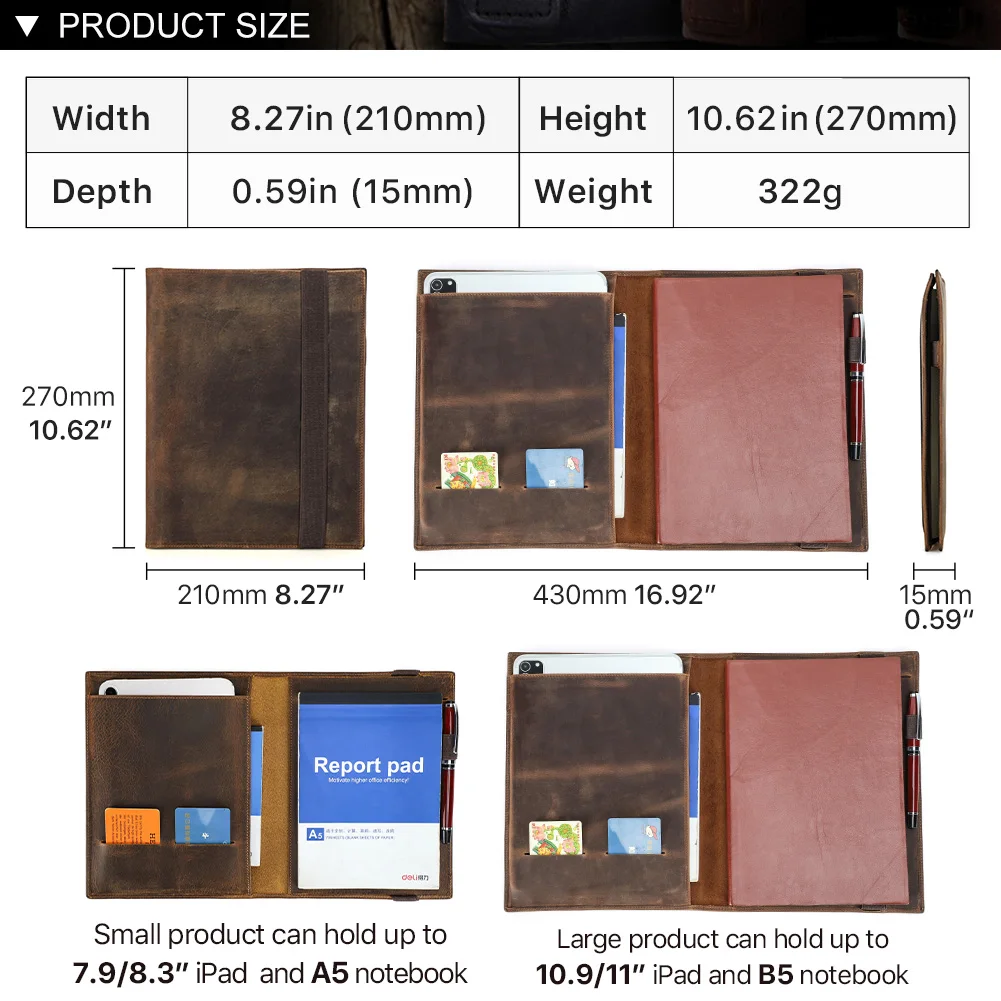 Leather Folder Vintage Cowhide Notebook Portfolio iPad Mini PC Folder B5 Documents Book Cover Business Stationery