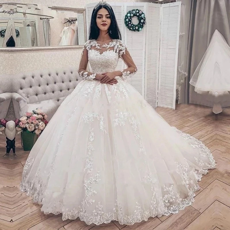 

ANGELSBRIDEP, гламурные кружевные арабские Бальные платья с длинным рукавом, свадебные платья для женщин со шлейфом, свадебные официальные платья