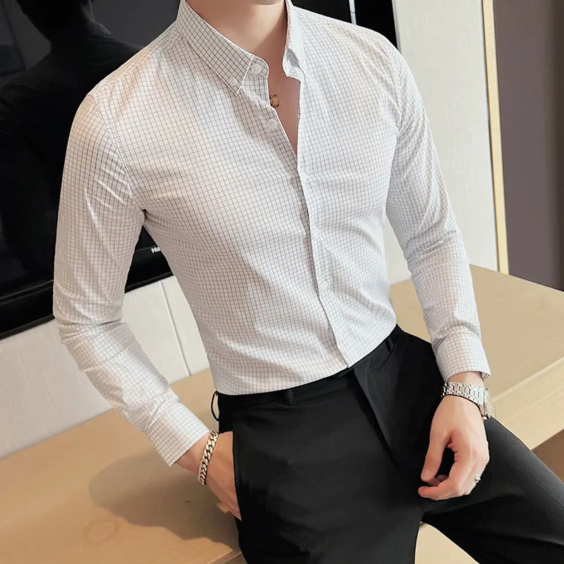 

New men's spring dress texture small plaid long-sleeved shirt slim trendy men's business bottom shirt trend