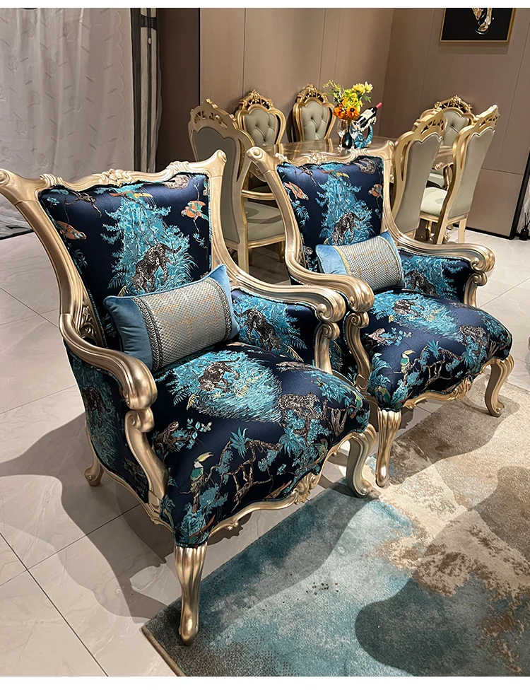 French solid wood leather sofa 123 combination European villa living room large-sized high-end palace gold foil technology