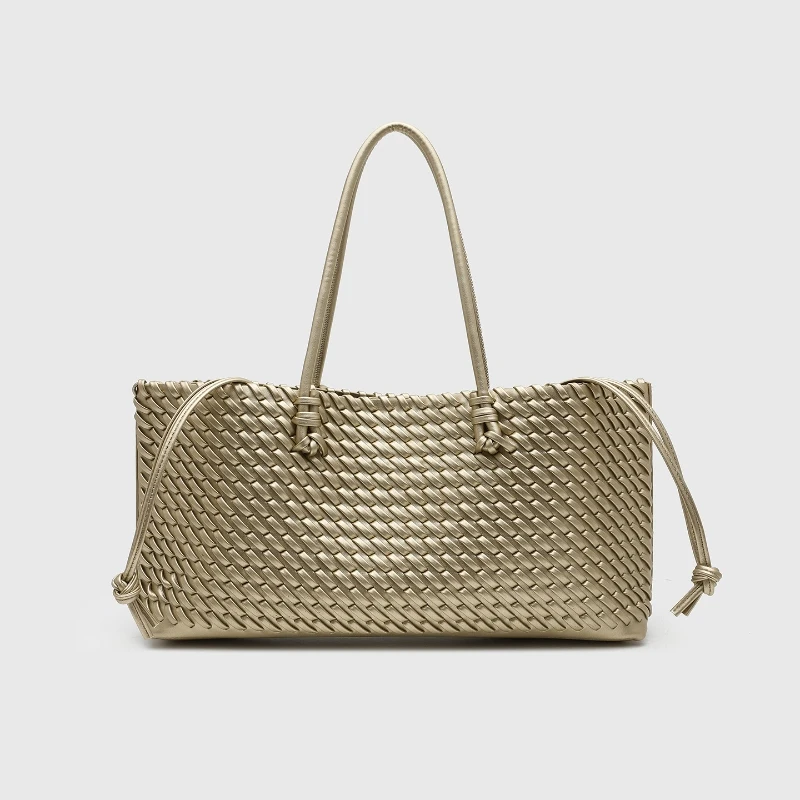 Borsa tote di lusso in PU intrecciato, borsa a tracolla allungata con manico superiore, borsa orizzontale con chiusura magnetica per lo shopping