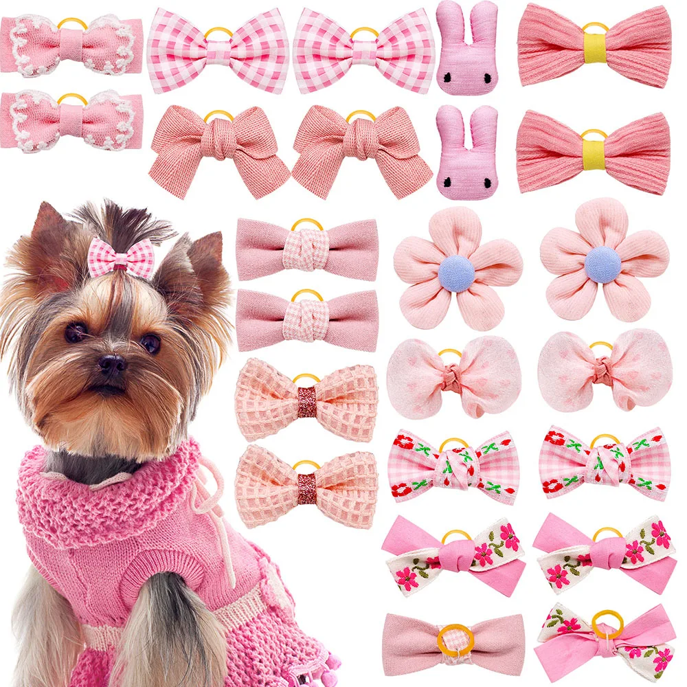 

20PCS Handmade Pet Dog Bows Pink Style Hair Bows for Dogs Rubber Bands for Dogs Cat Dog Headware Boutique Dog Hair Accessories