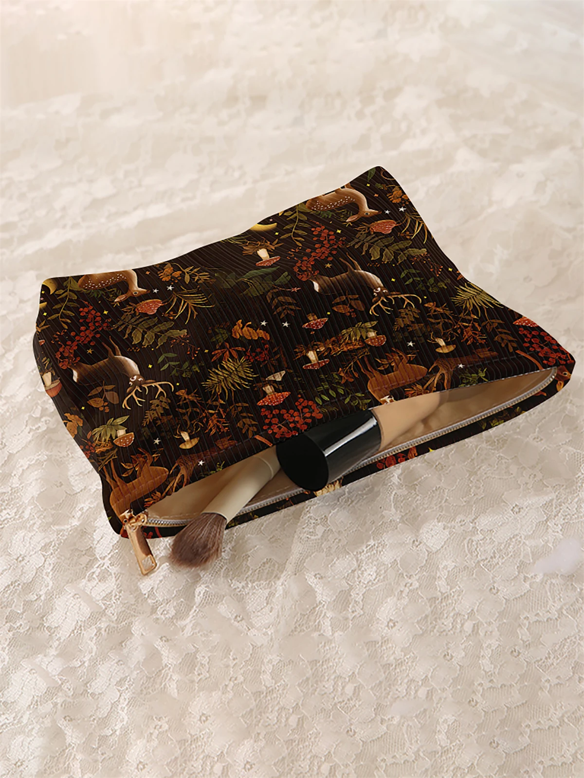 1, deer and plant patterned corduroy makeup bag, lightweight zipper makeup storage box, multifunctional bag with lining