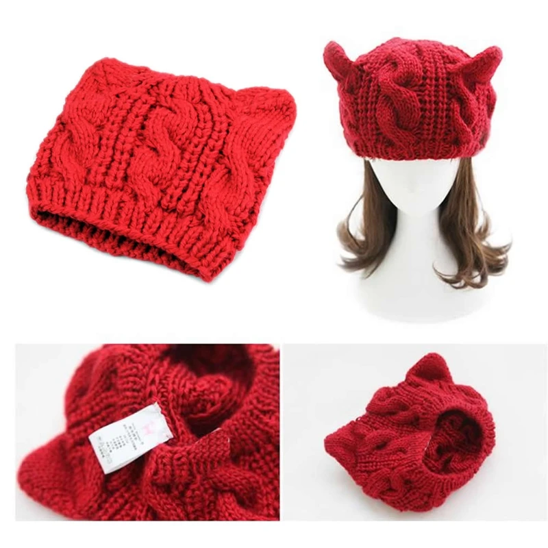 

Women Devil Horns for Cat Ear Winter Beanie Crochet Braided Knit Ski Wool Cap Ha