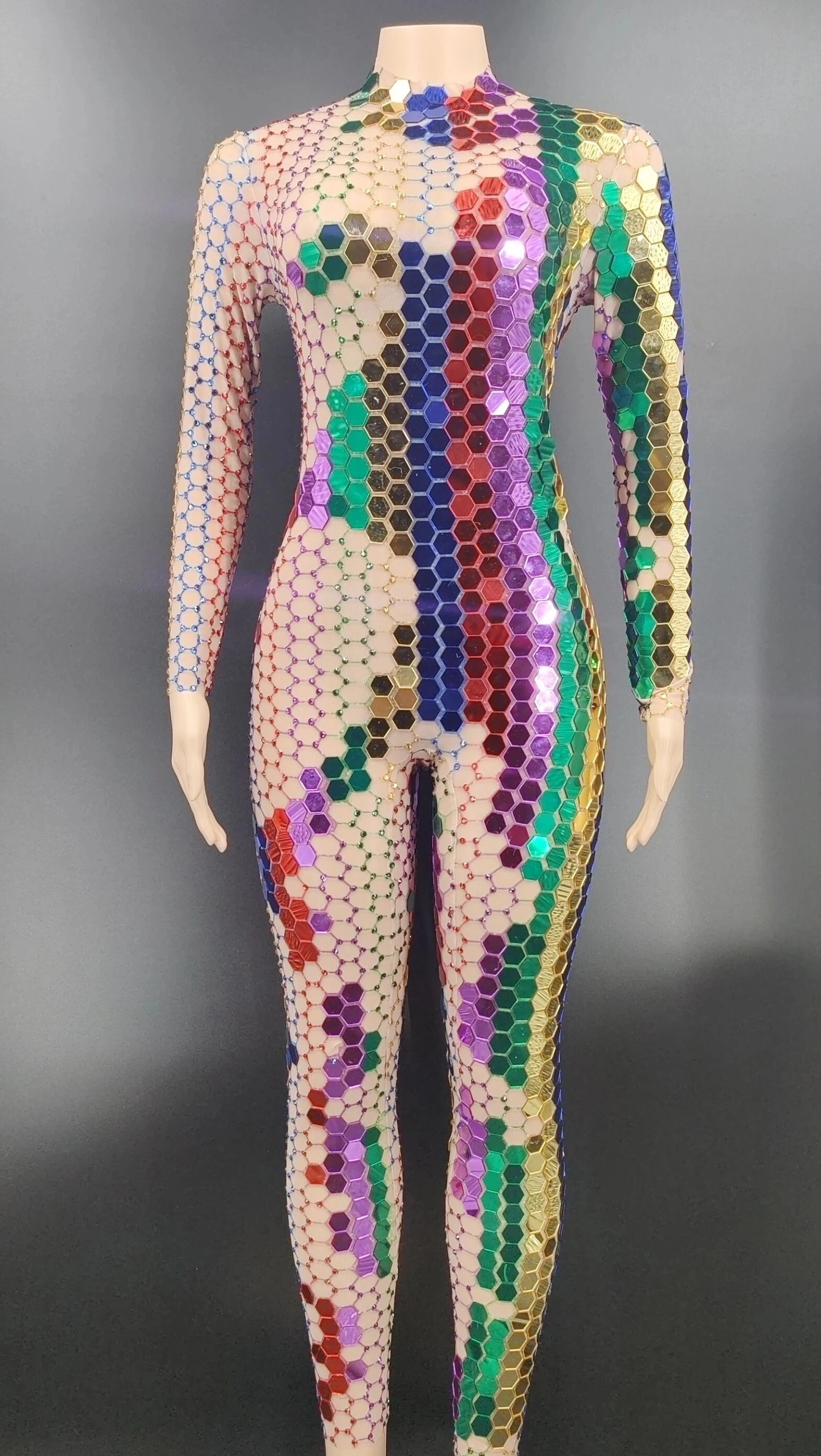 

Sexy Colorful Mirrors Rhinestones Mesh Jumpsuit Women's Birthday Celebrate Outfit Evening Singer Prom Party event costume