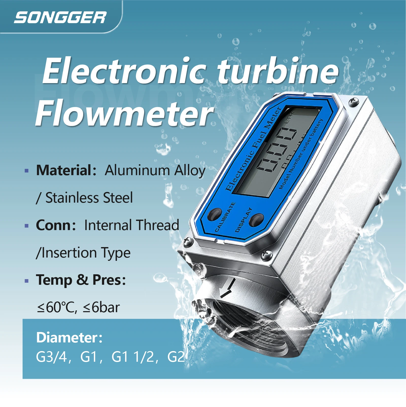 Electronic Turbine Flowmeter Digital Fuel Diesel Water Liquid Inline Pipe Flow Meter with LCD Display