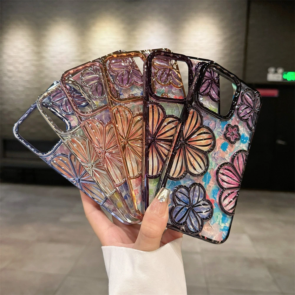 Luxury Plating Colour Fashion Flowers Phone Case For iPhone 11 12 13 14 15 Pro Max Soft Bumper Protector On 14 Pro Cover