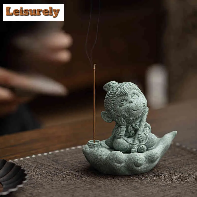 Green Sandstone Zen Wukong Tea Pet Aesthetic Flowerpot Landscaping Tea Figurine Play Toys Tea Statue Ornaments Craftsmanship