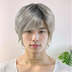 Silver Grey Wigs Men Short Synthetic Hair Cosplay Wigs Gradient Color with Dark Roots Ombre Wigs for Man Carnival Party Costume