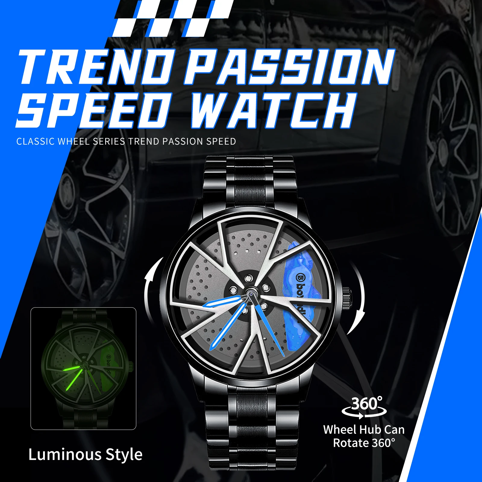 BOYADKA Men's 3D Car Wheel Rim Sports Watch