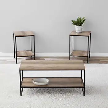 Contemporary 3 Piece Rectangular Particle Board Coffee Table, Rustic Brown 1