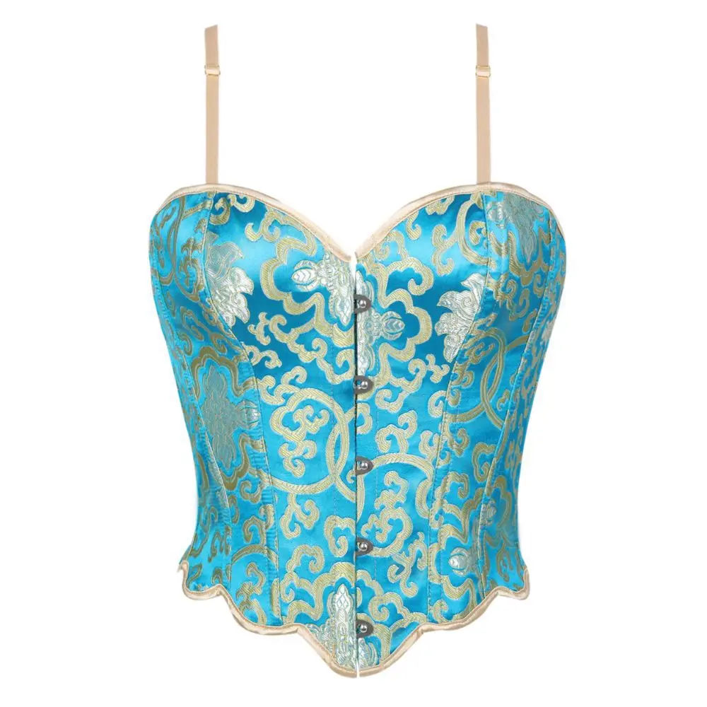Blue Fishbone Design Slimming Bustier Top Women's Strapless Corset Style Shapewear Front Button Detailing Slimming Effect
