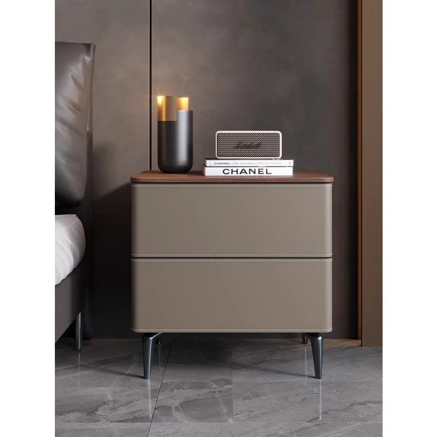 

Italian Minimalist Solid Wood Bedroom Saddle Leather Nightstands Multifunction Luxury With Drawers Mesitas De Noche Furniture