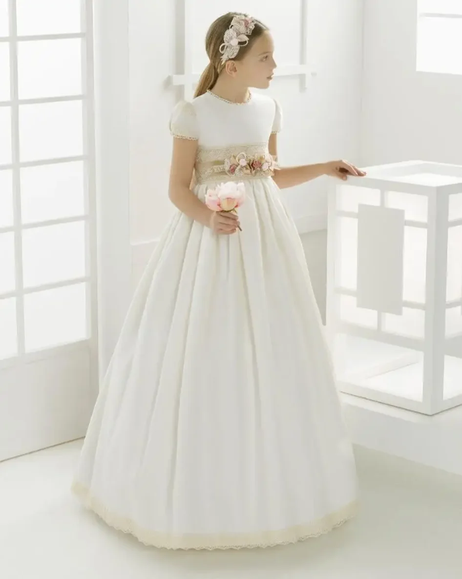 Flower Girl Dresses Pageant First Communion White Satin Lace Empire For Weddings Girls
