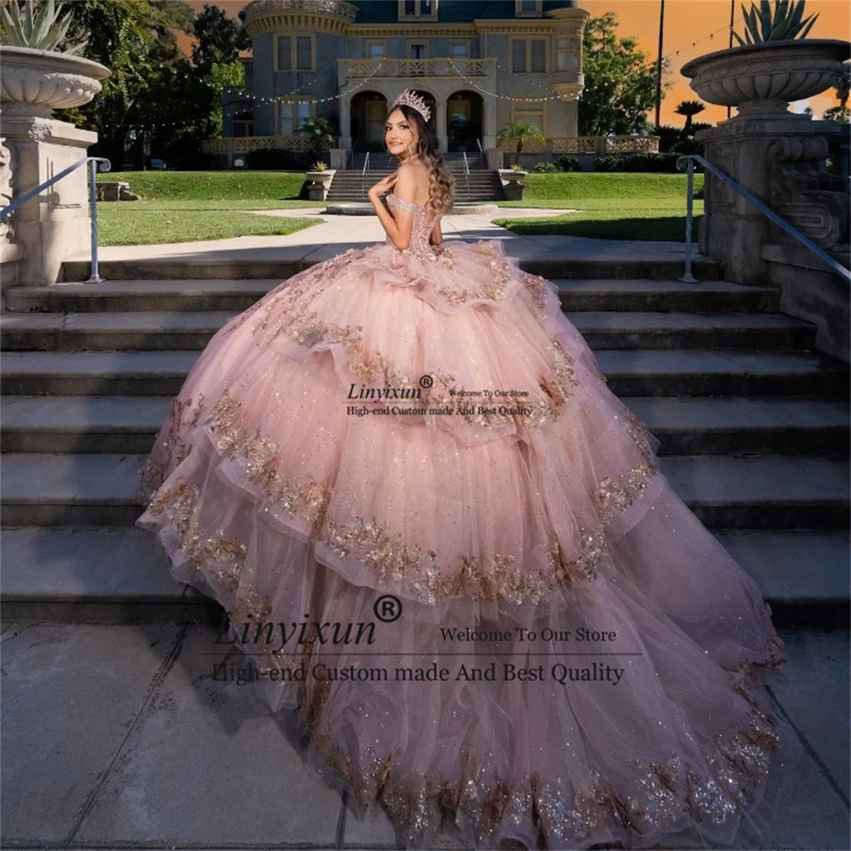 Shiny Quinceanera Dresses Off The Shoulder Princess Prom Gown Tulle Lace Up Gold Appliques Beads Sweet 15 16 Dress Balll