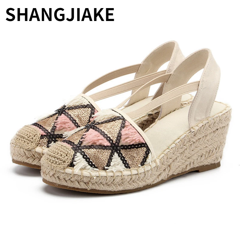 Sandalias de cuña para mujer, alpargatas de paja y lino, de con de lentejuelas, tacón alto, nuevas|Sandalias de mujer| - AliExpress