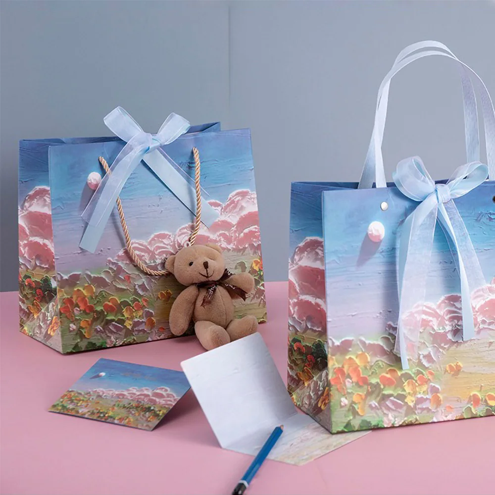 Ölgemälde Design Kraftpapier Dankeschön Geschenktüte für Business Boutique Hochzeit Gefälligkeiten Blumenstrauß Thanksgiving Day Verpackungsbeutel