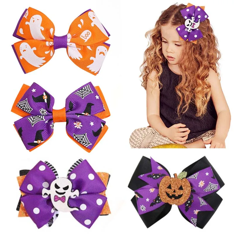 

ncmama 5Pcs/set Halloween Hair Bows with Clips For Baby Girls Cute Grosgrain Ribbon Hairpin Kids Headwear Hair Accessories Decor