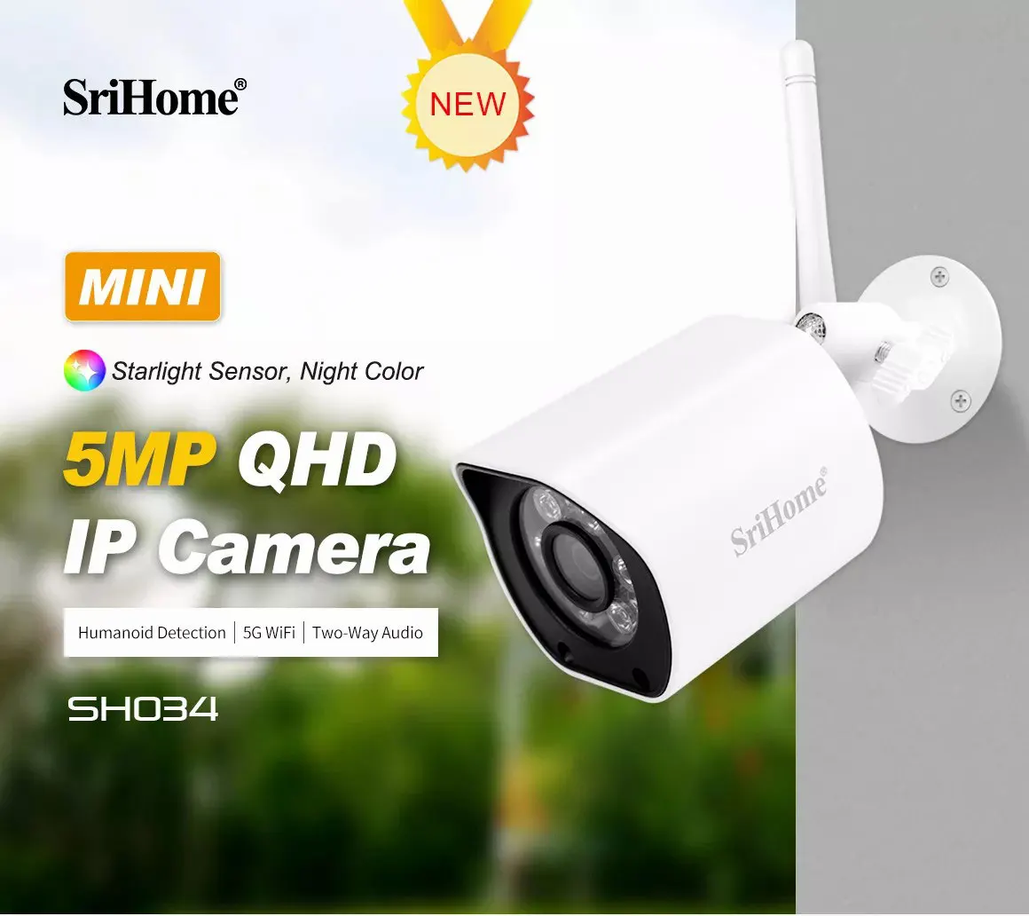 

SriHome New Release SH034 5MP Mini 5G Wifi IP Camera Waterproof Video Surveillance Security Outdoor Color Night Vision CCTV Cam