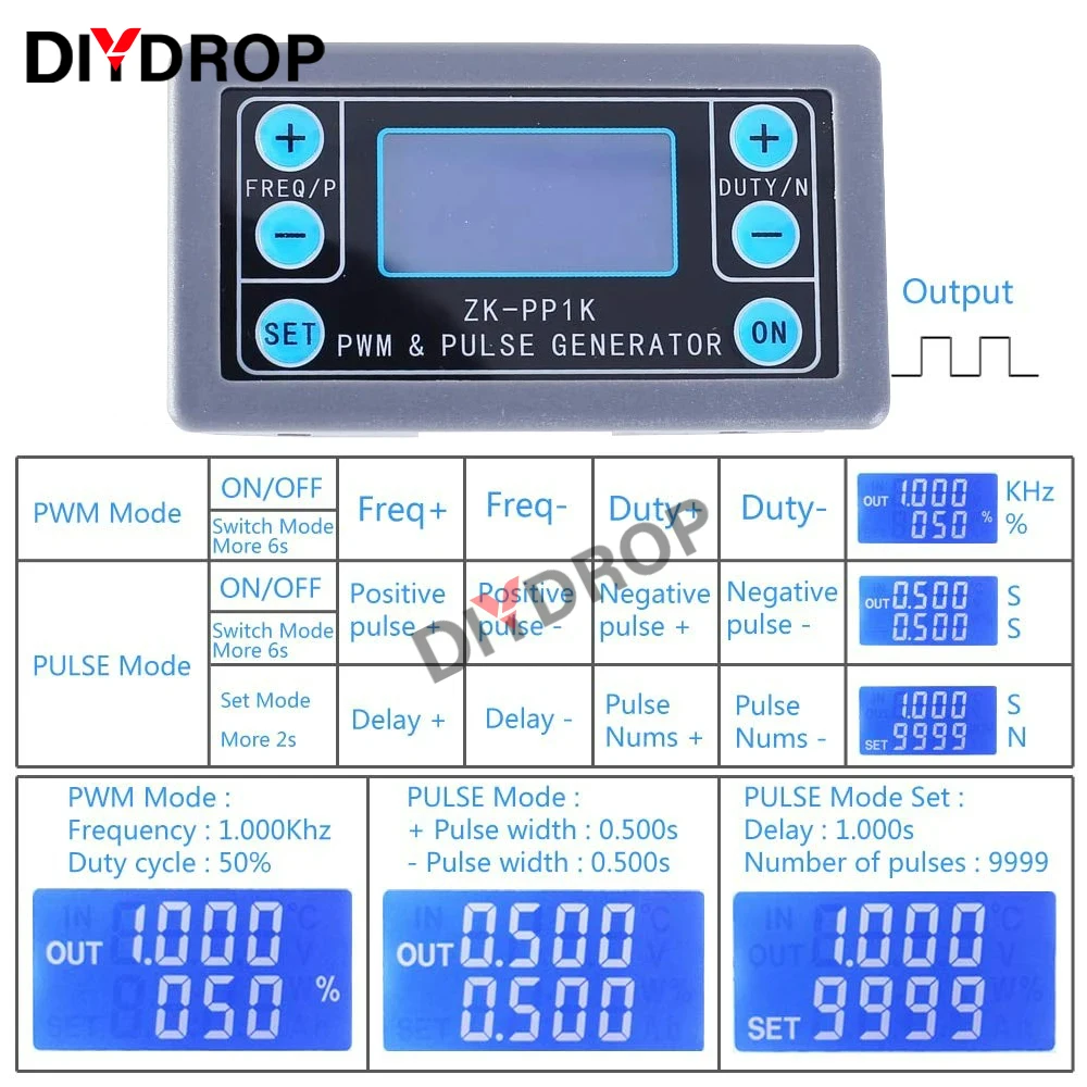 ZK-PP1K 듀얼 모드 신호 발생기, LCD PWM 펄스 주파수 듀티 사이클 조절식 구형파 발생기, 1 채널, 1Hz-150KHz