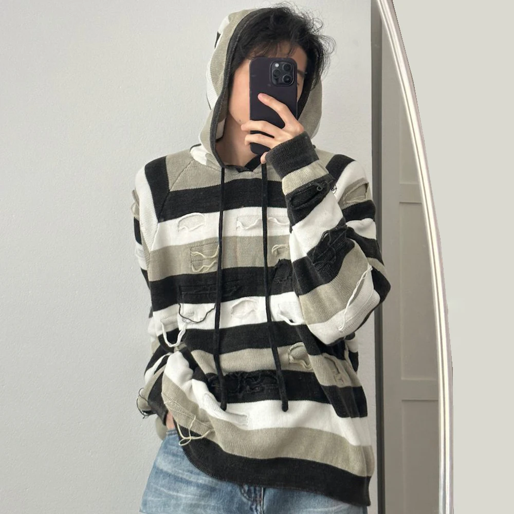 

Holed Striped Lazy Style Hooded Sweater Mens American Retro Loose Comfortable Casual Trendy Autumn Winter Knitted Sweater Jacket