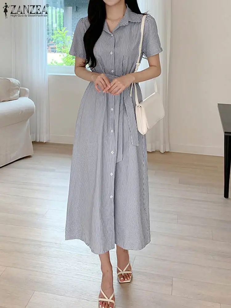 

2023 Fashion OL Stripe Dress ZANZEA Women Summer Shirt Dress Lapel Short Sleeve Robe Causal Loose Holiday Vestido Belted Dresses