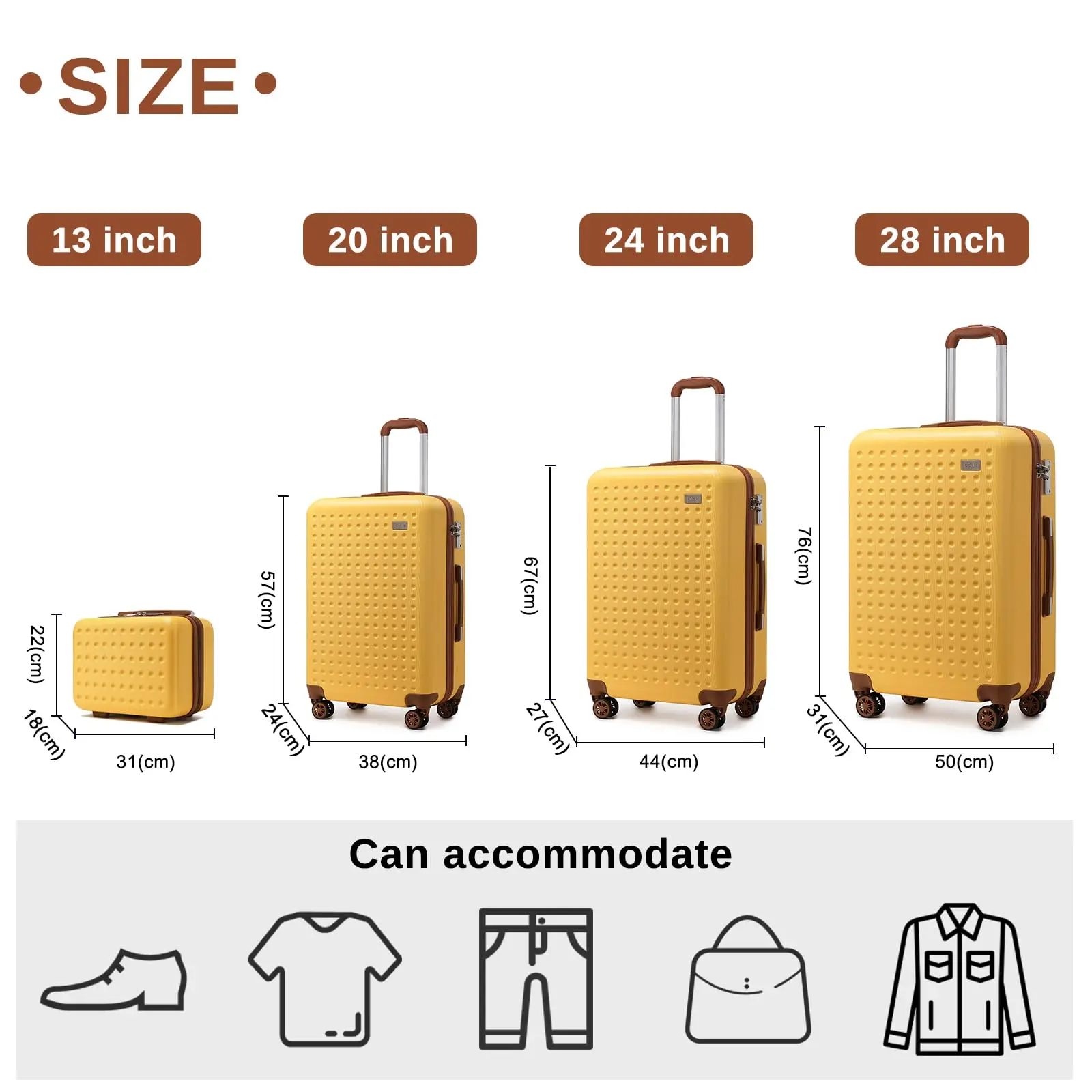 Kono Koffer Lichtgewicht ABS Hard Shell Handbagage Koffer 55cm met TSA Slot Trolley Bagage Sets van 4 Stuk Inbegrepen Weekender Tas & Toilettas voor Reizen,Zwart/Bruin
