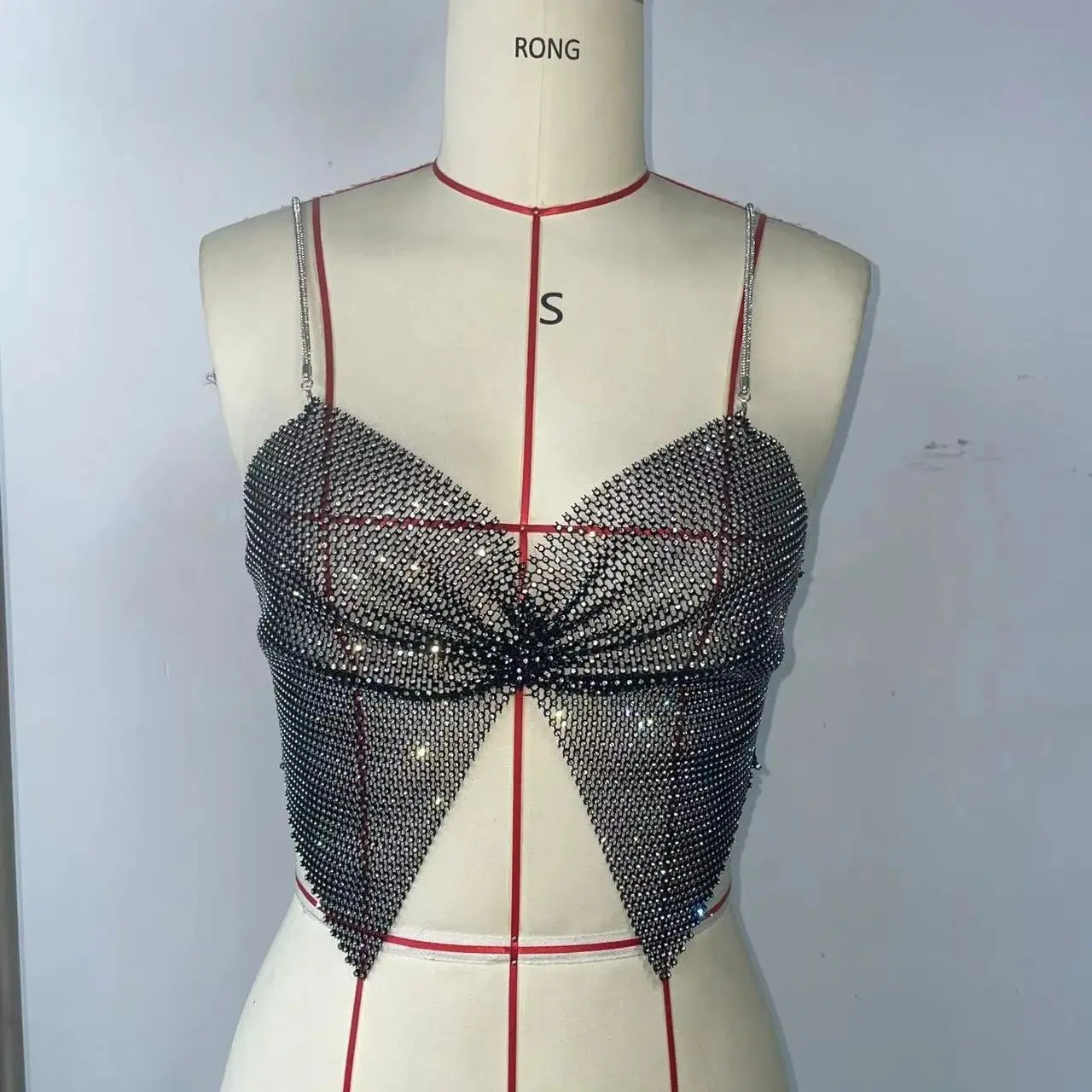 Summer Women Elastic Fishnet Crop Top Glitter Rhinestone Mesh Fine Flash Shoulder Strap V Neck Tank Top Rave Festival Camisole