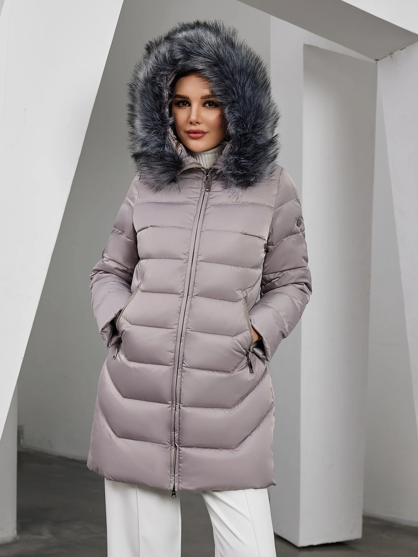 Astrid Women's Winter Parka Coats with Natural Fur Collar Hooded Belt Long Quilted Jackets Thick Warm Female Padded Overcoat
