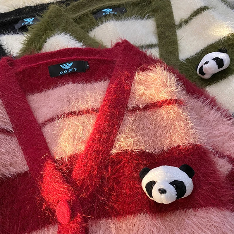 

Winter Vintage Panda Stripe Y2k Harajuku Flocking Sweater Loose Long Sleeve Pullover Women Casual Fashion Sweet Streetwear Tops