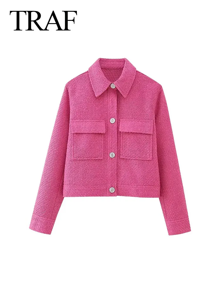 

TRAF 2023 Women's Fall Fashion Pink Short Casual Suit Jacket Wrist Sleeve Bag Button Loose Women's Short Top Jacket Y2K
