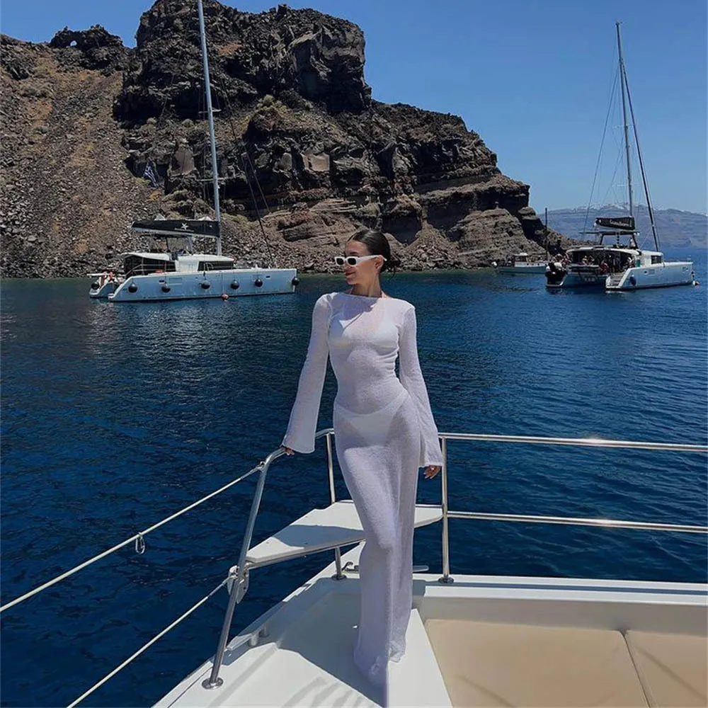Swimsuit Cover Up Women Wrapped Flare Long Sleeve Round Neck See Through Sunscreen Solid Color Backless Beach Sundress